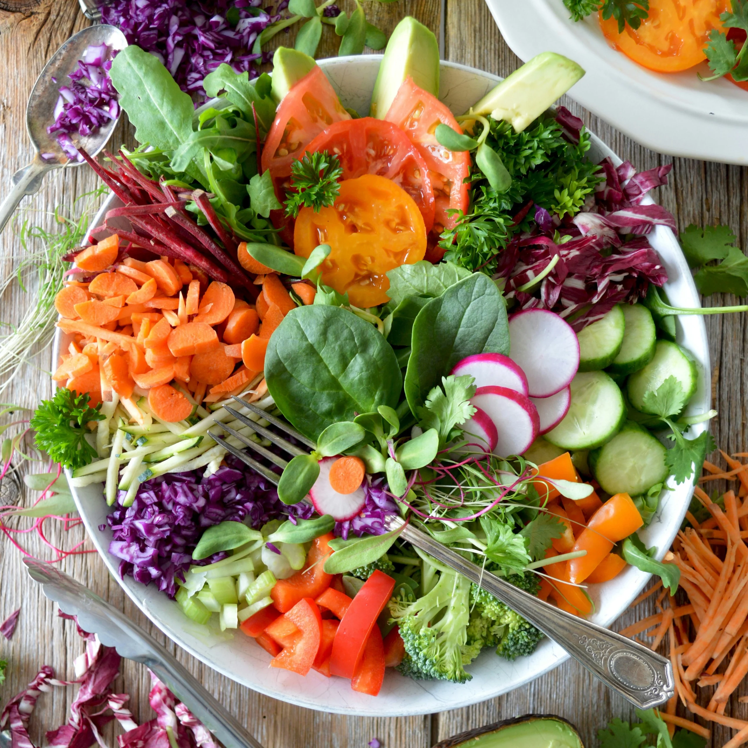 salade très colorée, avec différents aliments comme des tomates, des poivrons, de la salade verte, du radis, des concombres avec une fourchette dans le bol
